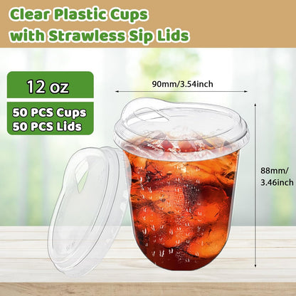 Alaeseje 50 Pack Clear Plastic Cups with Strawless Sip Lids,16 oz Iced Coffee Cups with Lids,Disposable PET Crystal Cups,Round Bottom To Go Cup for Iced Coffee Juice Smoothie Cold Beverage