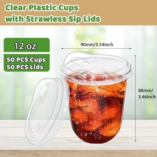 Alaeseje 50 Pack Clear Plastic Cups with Strawless Sip Lids,16 oz Iced Coffee Cups with Lids,Disposable PET Crystal Cups,Round Bottom To Go Cup for Iced Coffee Juice Smoothie Cold Beverage