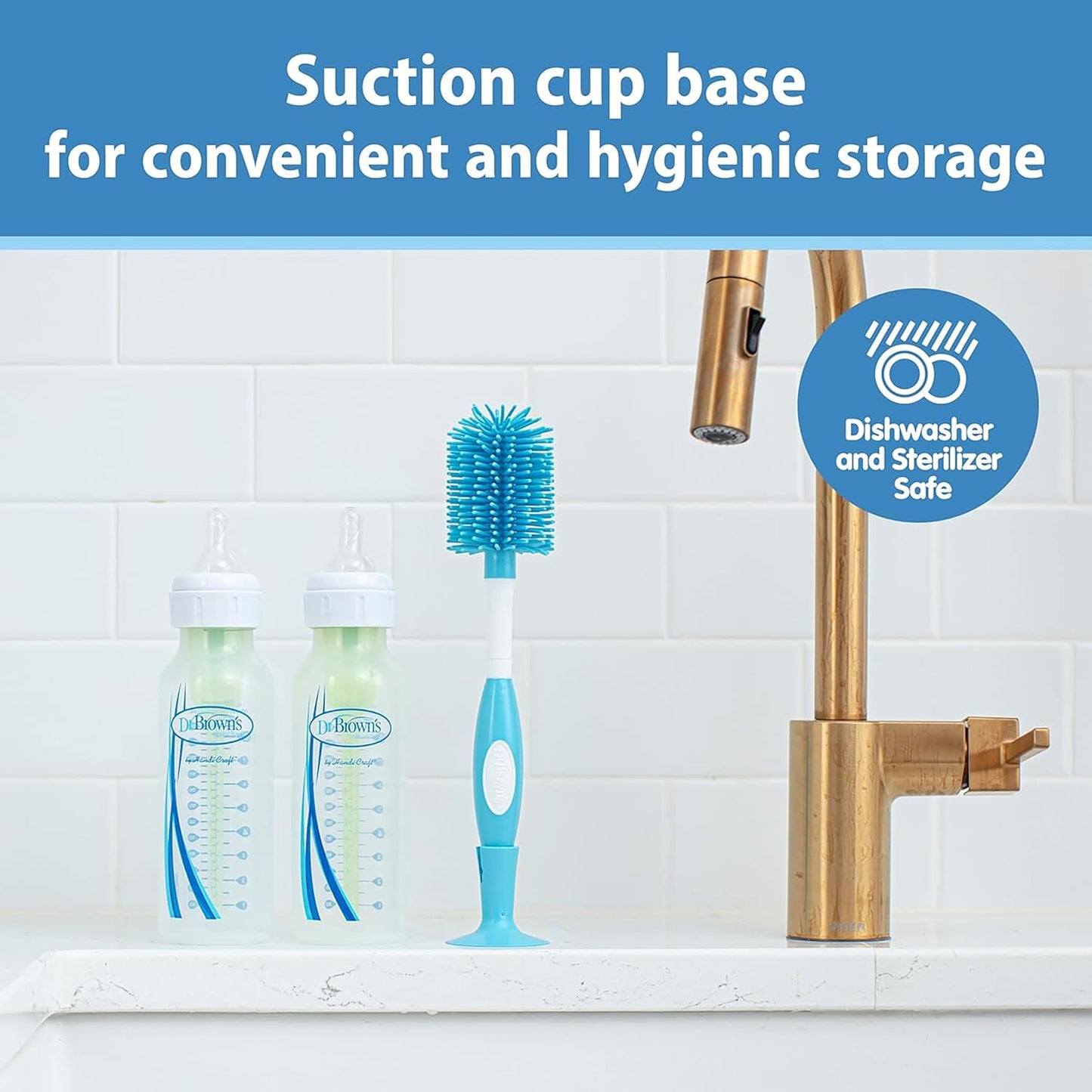 Dr. Brown's Soft Touch No Scratch Baby Bottle Cleaning Brush Nipple Cleaner with Stand and Storage Clip, BPA Free, Blue 1-Pack