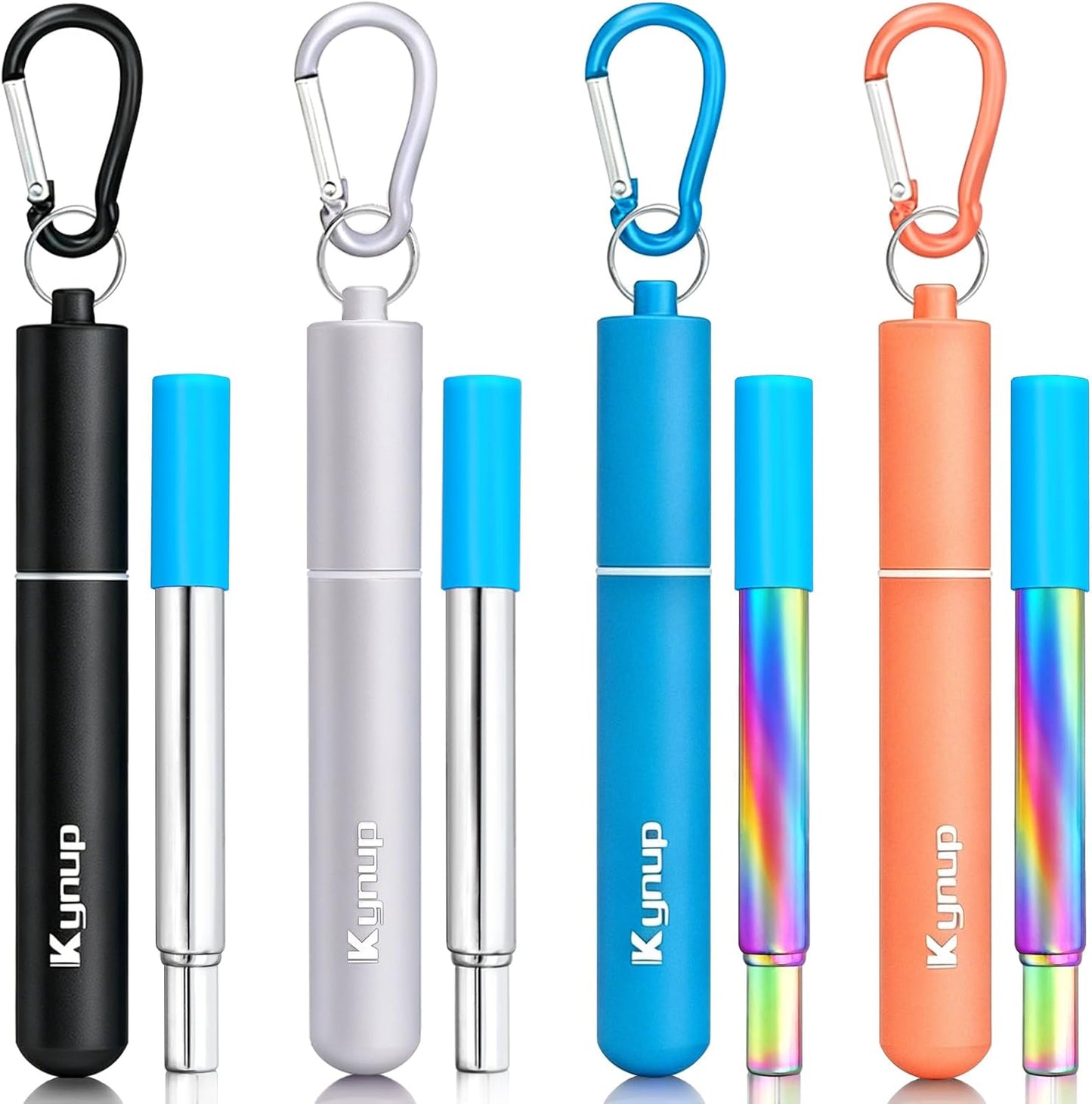 Kynup 4Packs Reusable Straws, Metal Straw with Silicon, Travel Drinking Straws with Case, Keychain, Cleaning Brushes, Silicon Pcs Perfect for Travel, Gifts (20 PCS) Blue-Black-Silver-Turquoise