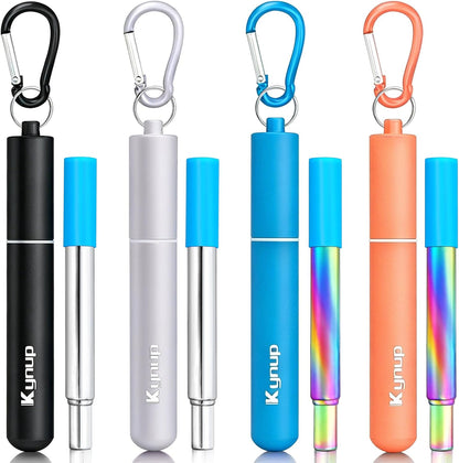 Kynup 4Packs Reusable Straws, Metal Straw with Silicon, Travel Drinking Straws with Case, Keychain, Cleaning Brushes, Silicon Pcs Perfect for Travel, Gifts (20 PCS) Blue-Black-Silver-Turquoise