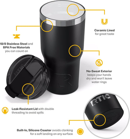 RTIC 20oz Essential Tumbler with Lid, Ceramic Lined, Insulated, Stainless Steel, Metal, Double Wall Vacuum-Insulation, Travel Cup for Iced Coffee, Tea, Hot and Cold Drink, Graphite