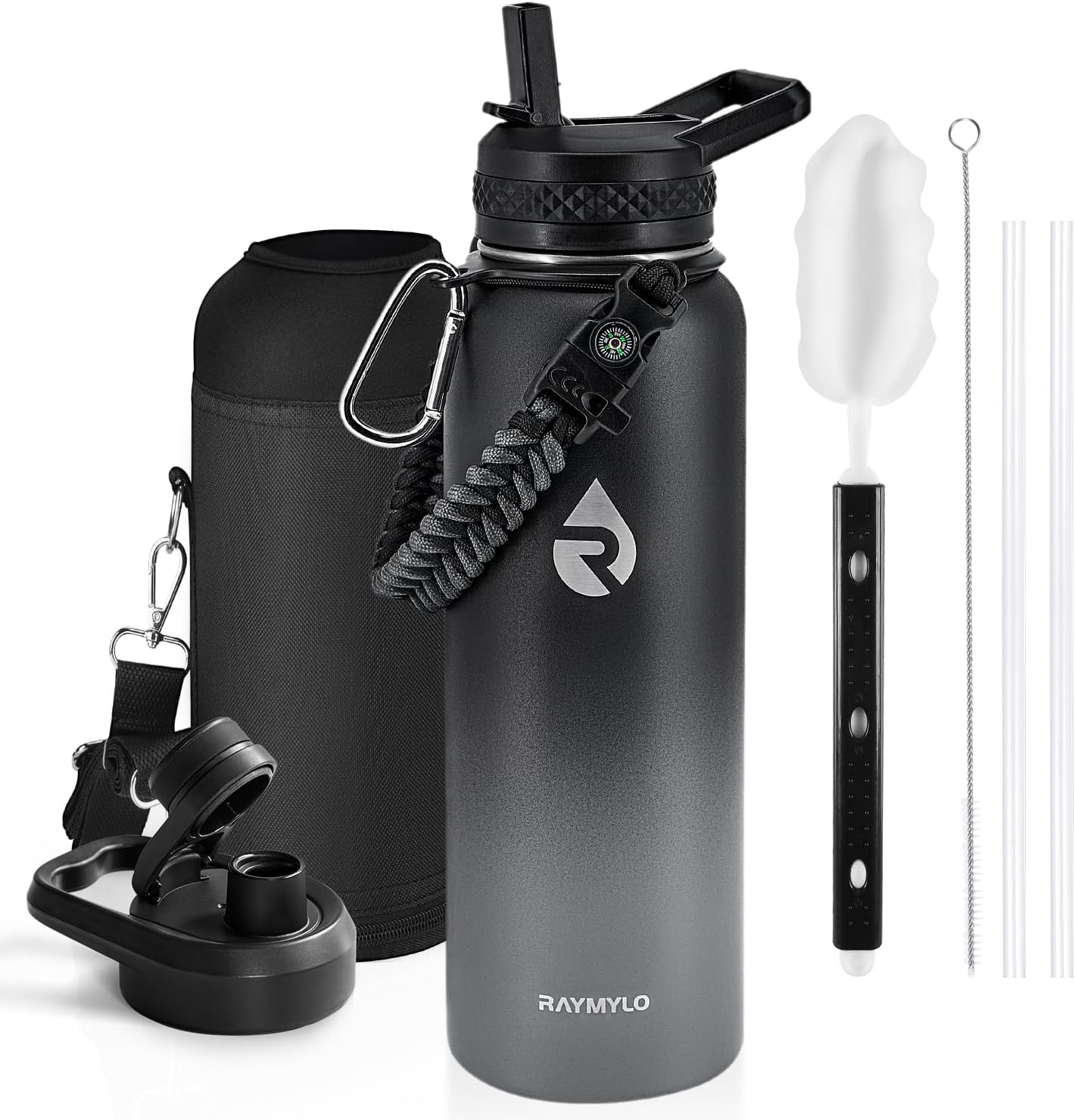 RAYMYLO One Gallon Water Bottle Insulated, Triple Walled Vacuum Stainless Steel (Cold for 48 Hrs), Leak Proof & Non-BPA, Large Water Flask Jug with Paracord Handle & Straw Spout Lids