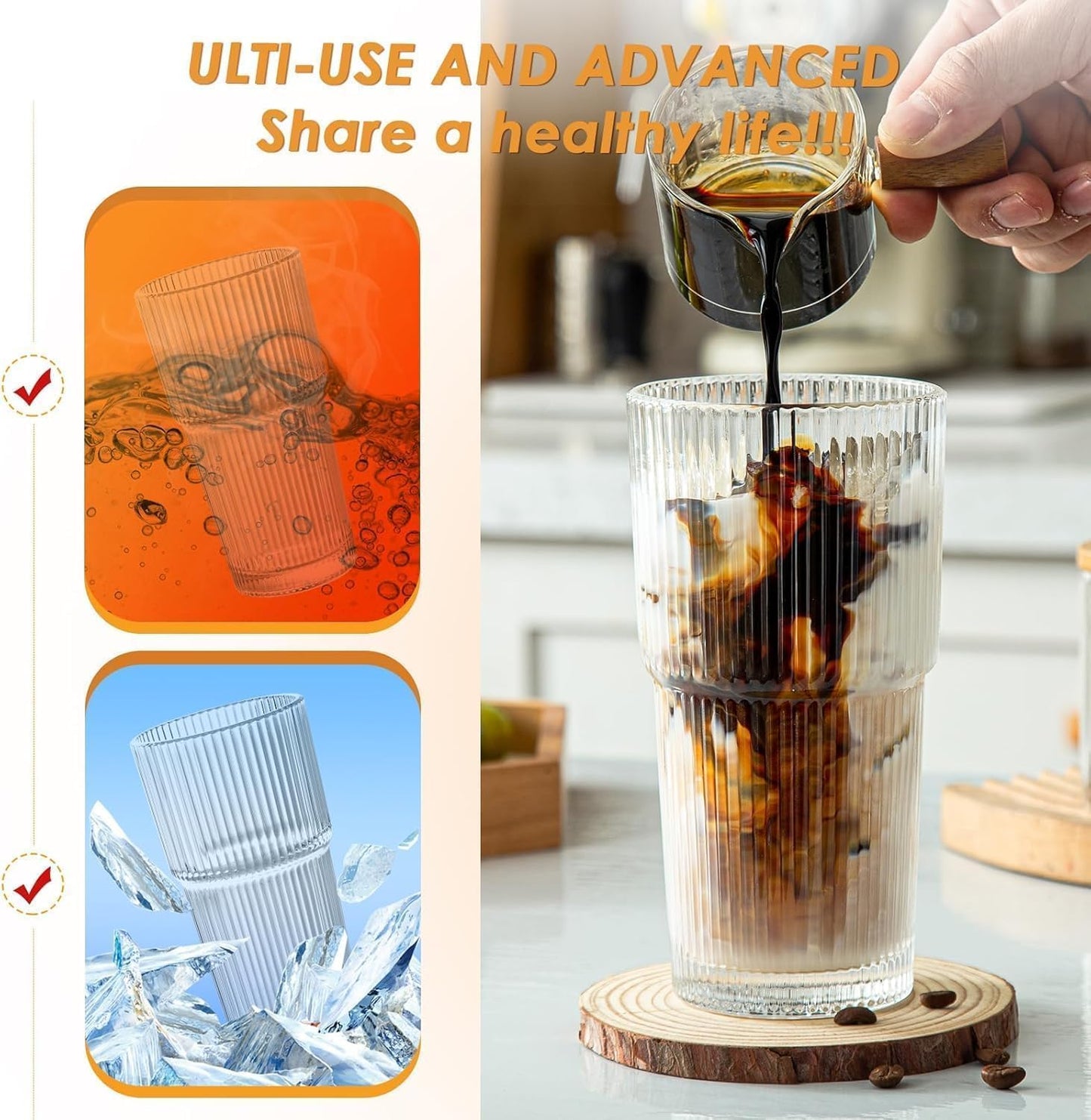 20 OZ Iced Coffee Cup With Glass Lids and Straws,High Borosilicate Glass Tumbler Cup Reusable Wide Mouth Smoothie Cups(Clear,1cup)…