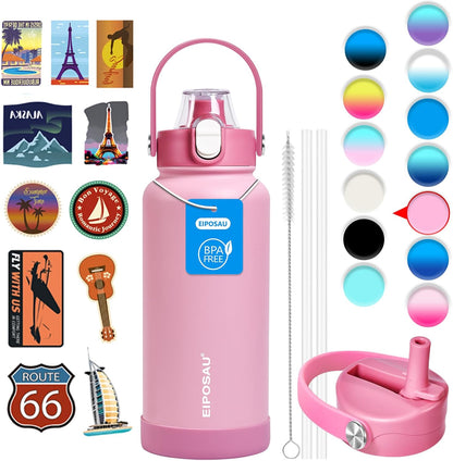 Insulated Water Bottle with Lid & Boot & Stickers, 24 oz Stainless Steel Sweat Free Bottle Keep Cold 24H, BPA-Free Sports Wide Mouth Water Bottle, BlueBlack