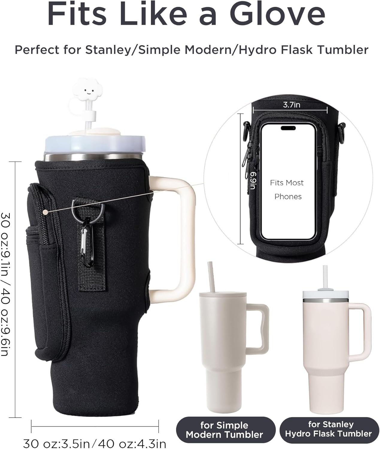 dabria Water Bottle Carrier Bag with Phone Pocket for Stanley 40/30 oz Tumbler Neoprene Water Bottle Holder Pouch with Adjustable Strap Bollus with Straw Cover for Stanley Cup Accessories