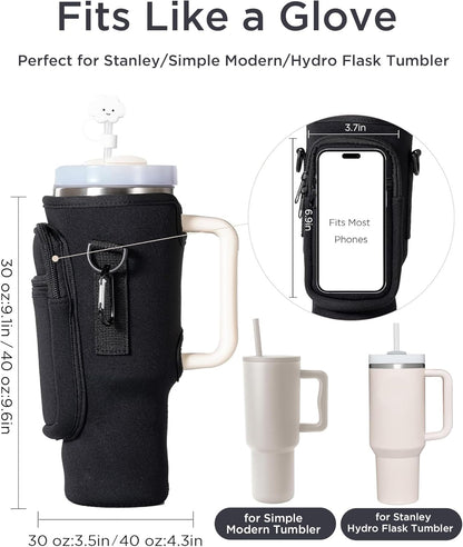 dabria Water Bottle Carrier Bag with Phone Pocket for Stanley 40/30 oz Tumbler Neoprene Water Bottle Holder Pouch with Adjustable Strap Bollus with Straw Cover for Stanley Cup Accessories