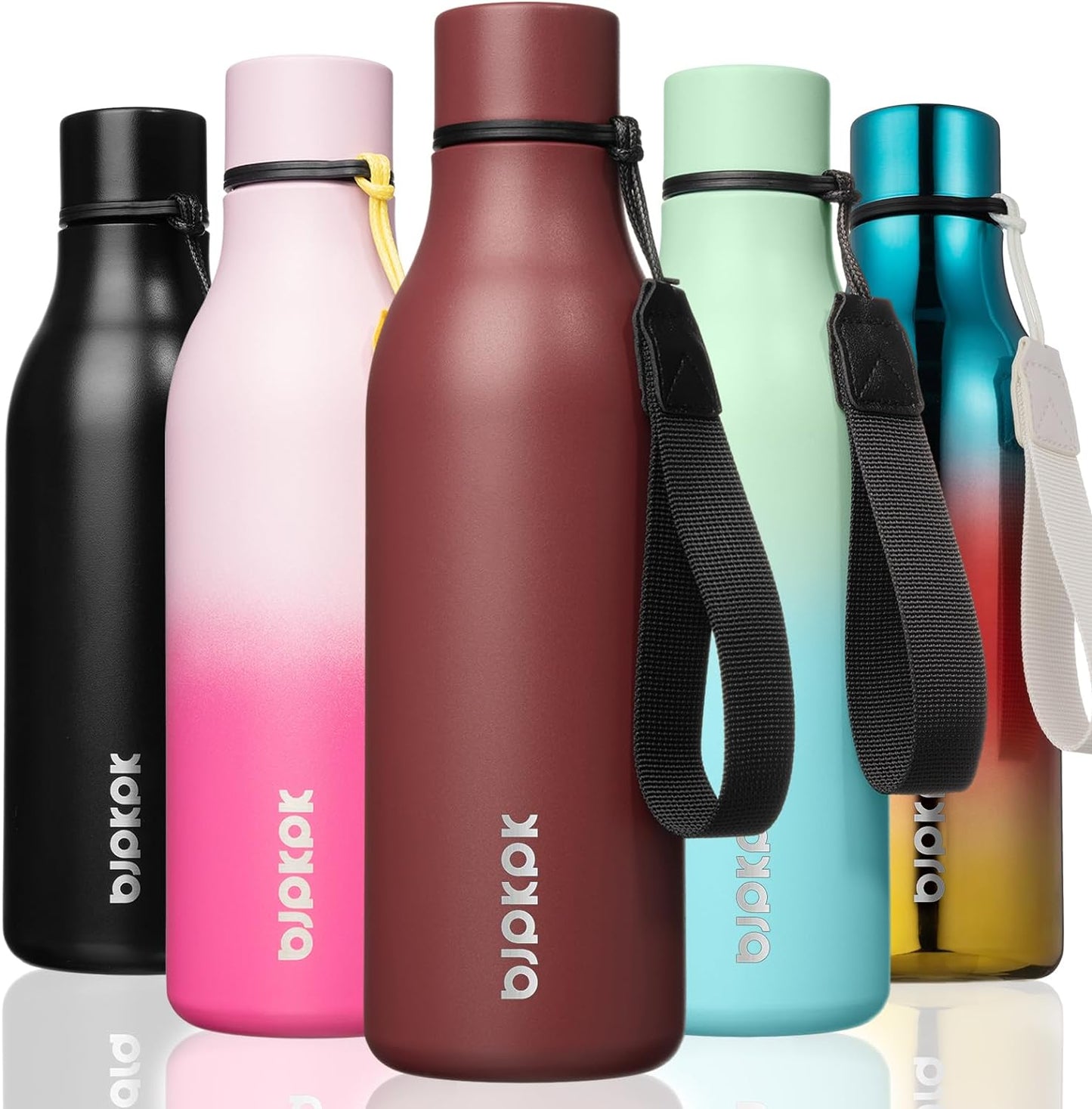 BJPKPK Insulated Water Bottles, 18 oz Stainless Steel Metal Water Bottle with Strap, BPA Free Leak Proof Jugs, Mugs, Flasks, Reusable Thermal Flasks for Sports & Travel, Black - Colors B
