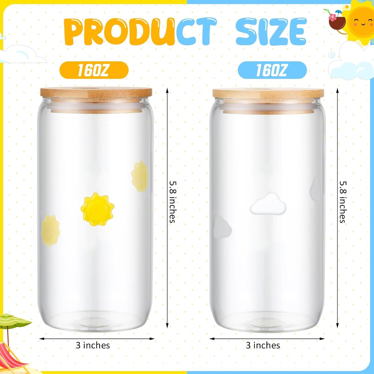 Honeydak 2 Pcs Icon Juice Glass Tumbler with Lid & Straw - 18 oz Cloud and Sun Icon Can Shape Glass Cups Coffee Juice Beer Soda Drinking Cup for Summer Halloween Christmas Party Supplies Gift