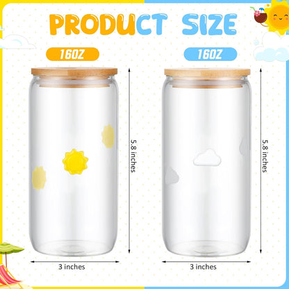 Honeydak 2 Pcs Icon Juice Glass Tumbler with Lid & Straw - 18 oz Cloud and Sun Icon Can Shape Glass Cups Coffee Juice Beer Soda Drinking Cup for Summer Halloween Christmas Party Supplies Gift