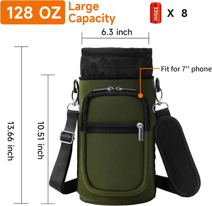 AceTreker 32/40/64/128 oz Neoprene Insulated Water Bottle Carrier Bag, Sling Bag Sleeve Pouch Holder with Strap & Paracord Handle and 2 Pocket for Travelling, Hiking, Camping