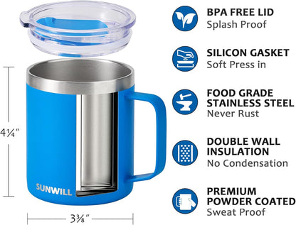 SUNWILL Travel Coffee Mug with Lid, Insulated Tumbler with Handle, 14 oz Stainless Steel Cup for Ice, Water, Tea, Rose Gold