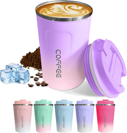 SPLMIFA Travel Coffee Mug Leak-Proof, Reusable Coffee Cups with Lids, Stainless Steel Vacuum Insulated Coffee Tumblers, Thermal Insulation Cup for Men and Women Hot & Cold Drinks(2nd-Green Pink, 12OZ)