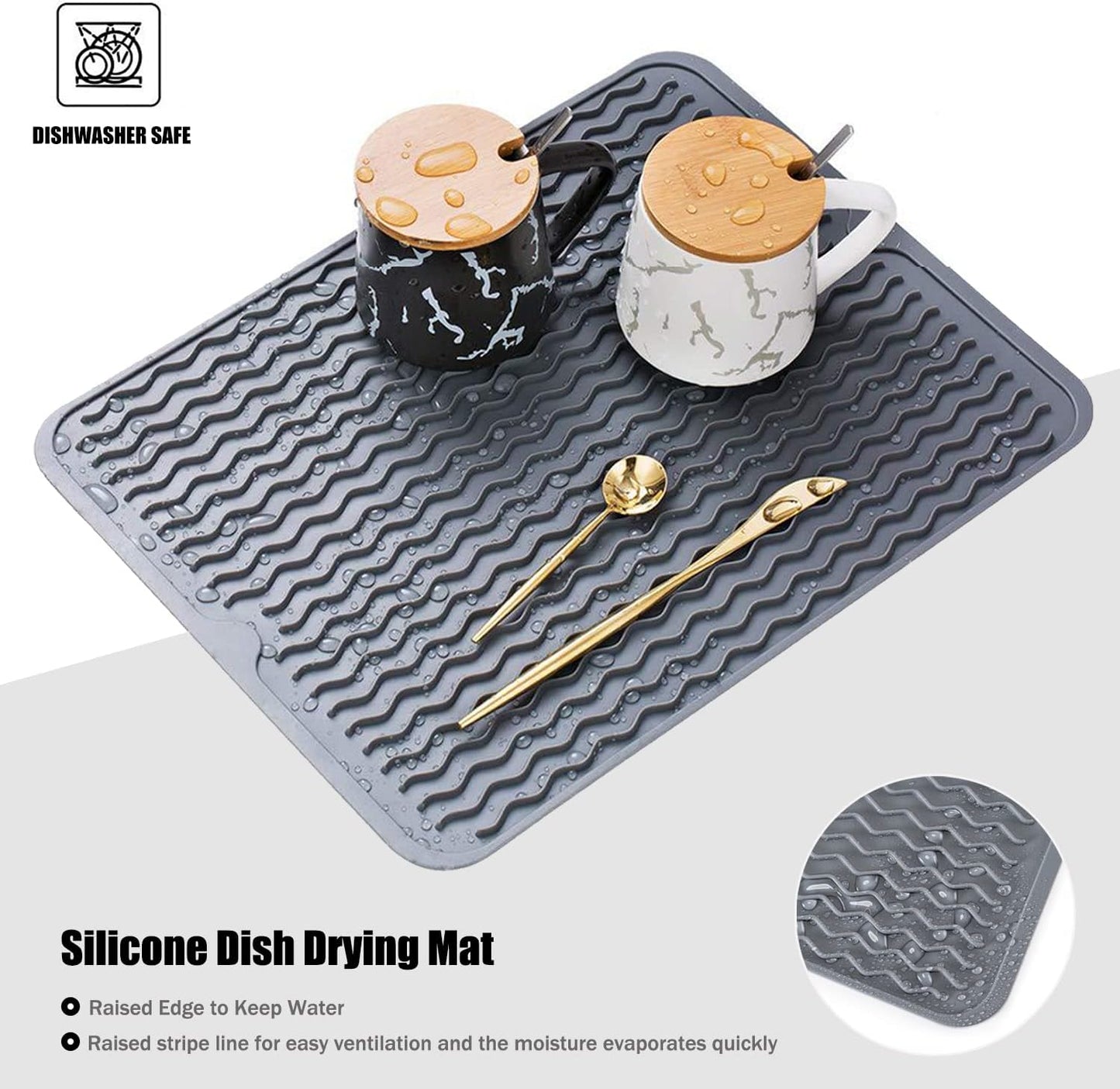 Silicone Dish Drying Mat, Non-Slip Easy Clean Sink Mat Large Heat-resistant Dish Drainer Mat for Kitchen Counter, Sink, Refrigerator or Drawer liner (12" x 6", BLACK)