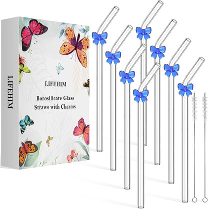Borosilicate Glass Straws for 16 oz Tumbler, 9 inch 8mm BPA Free, Reusable Drinking Straws Clear Bent Skinny for Iced Coffee and Hot Drinks