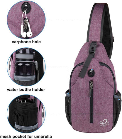 WATERFLY Crossbody Sling Backpack Sling Bag Travel Hiking Chest Bag Daypack (Black)