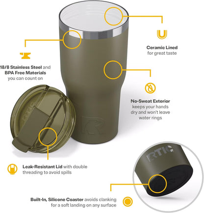 RTIC 20oz Essential Tumbler with Lid, Ceramic Lined, Insulated, Stainless Steel, Metal, Double Wall Vacuum-Insulation, Travel Cup for Iced Coffee, Tea, Hot and Cold Drink, Graphite