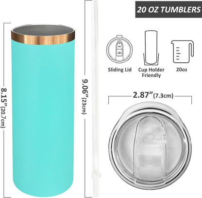 20 oz Skinny Tumblers Bulk, Stainless Steel Insulated Tumbler with Lids and Straws, Slim Double Wall Powder Coated Travel Coffee Mugs Reusable Cup for Hot Cold Drinks (Black,1 pack)