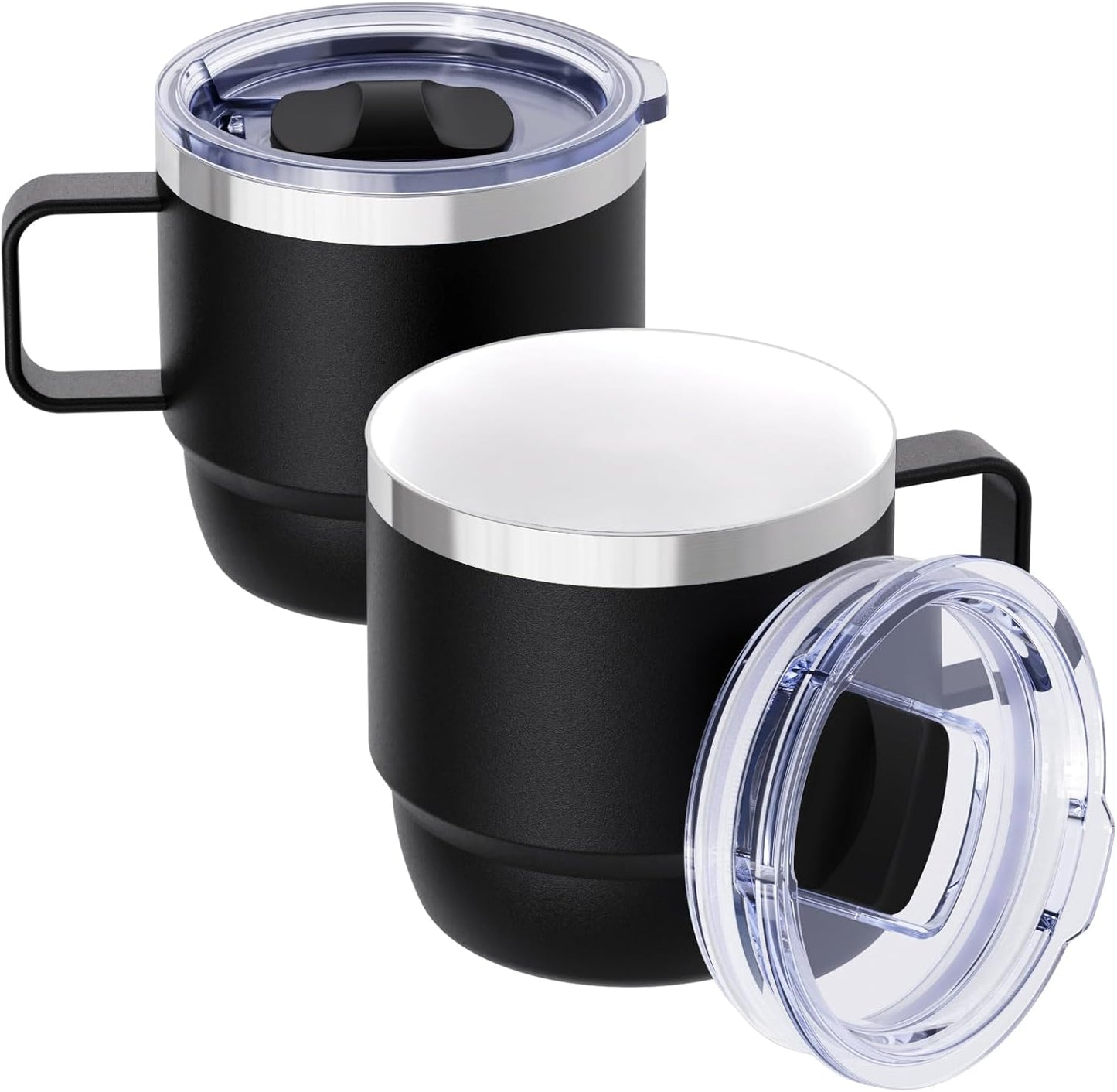 8 oz Small Coffee Mug with Magnetic Sliding Lid & Handle, Ceramic-Lined 18/8 Stainless Steel, Double-Wall Vacuum Insulated, Stackable, Dishwasher Safe, Mini Coffee/Tea Cup, 2 Pack, Black