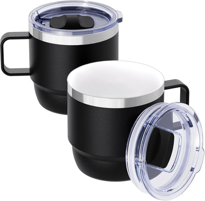 8 oz Small Coffee Mug with Magnetic Sliding Lid & Handle, Ceramic-Lined 18/8 Stainless Steel, Double-Wall Vacuum Insulated, Stackable, Dishwasher Safe, Mini Coffee/Tea Cup, 2 Pack, Black