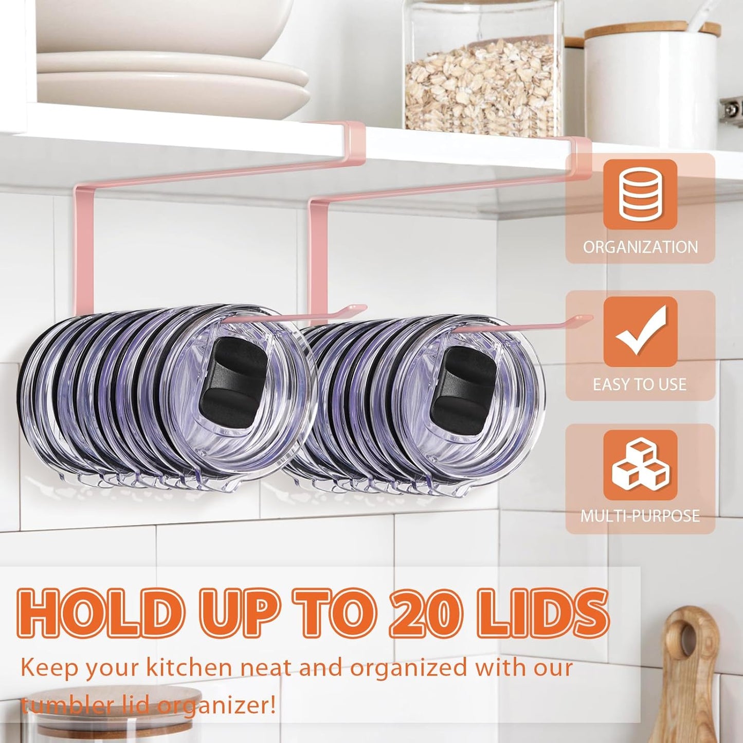 Tumbler Lid Organizer, Horizontal Tumbler Lid Storage Hook Up to 10 Lids, Space Saving Cup Lid Holders Under Cabinet Tumbler Lid Hook for Kitchen Organizer and Storage,Hanging Paper Towel Rack Hanger
