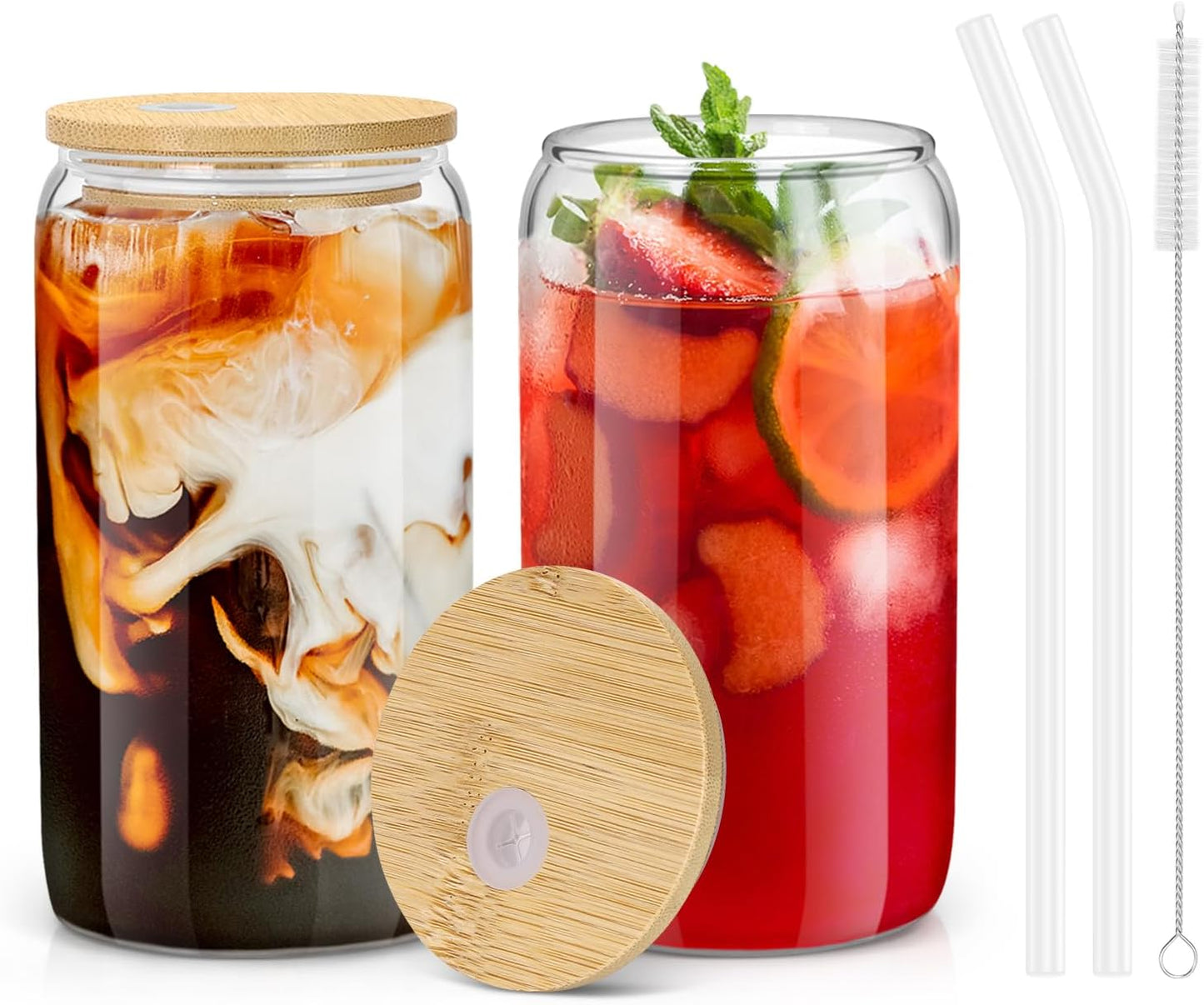 sungwoo 4PCS Glass Cups with Bamboo Lids and Straws, 16OZ Ice Coffee Cup, Drinking Cup set with Wooden Lids, Home Essential Glass Tumblers for Beer, Cocktail, Tea and Latte Clear