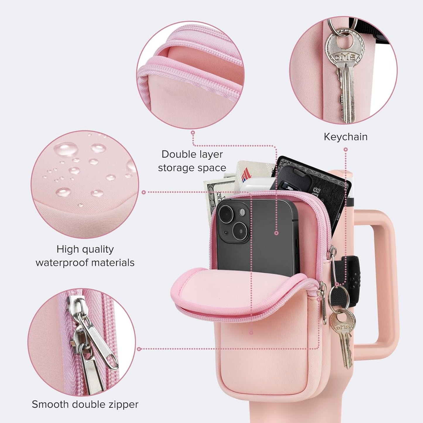 Water Bottle Pouch For Stanley Cup 40oz 30oz, Running Water Bottle Bag for Cards, Keys, Phone, Gym Accessories For Men Women, Travel Tumbler Mug Pouch Compatible With Stanley, Simple Modern