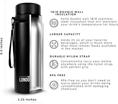 London Sip 25 oz Multi-Function Travel Mug and Tumbler Tea Infuser Water Bottle Fruit Infuser Flask Hot and Cold Double Wall Stainless Steel Coffee Thermos, Cosmic Silver