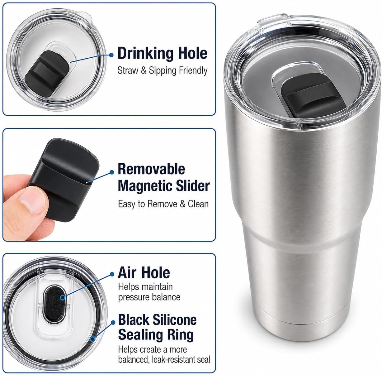 2Pcs 30oz Replacement Yeti Tumbler Lids, Only for Yeti 30 oz Tumbler, 14 oz Mug, with Strong Magnetic Slider Switch, Good Spill Proof Effect Coffee Cup Travel Cover Lids, BPA Free