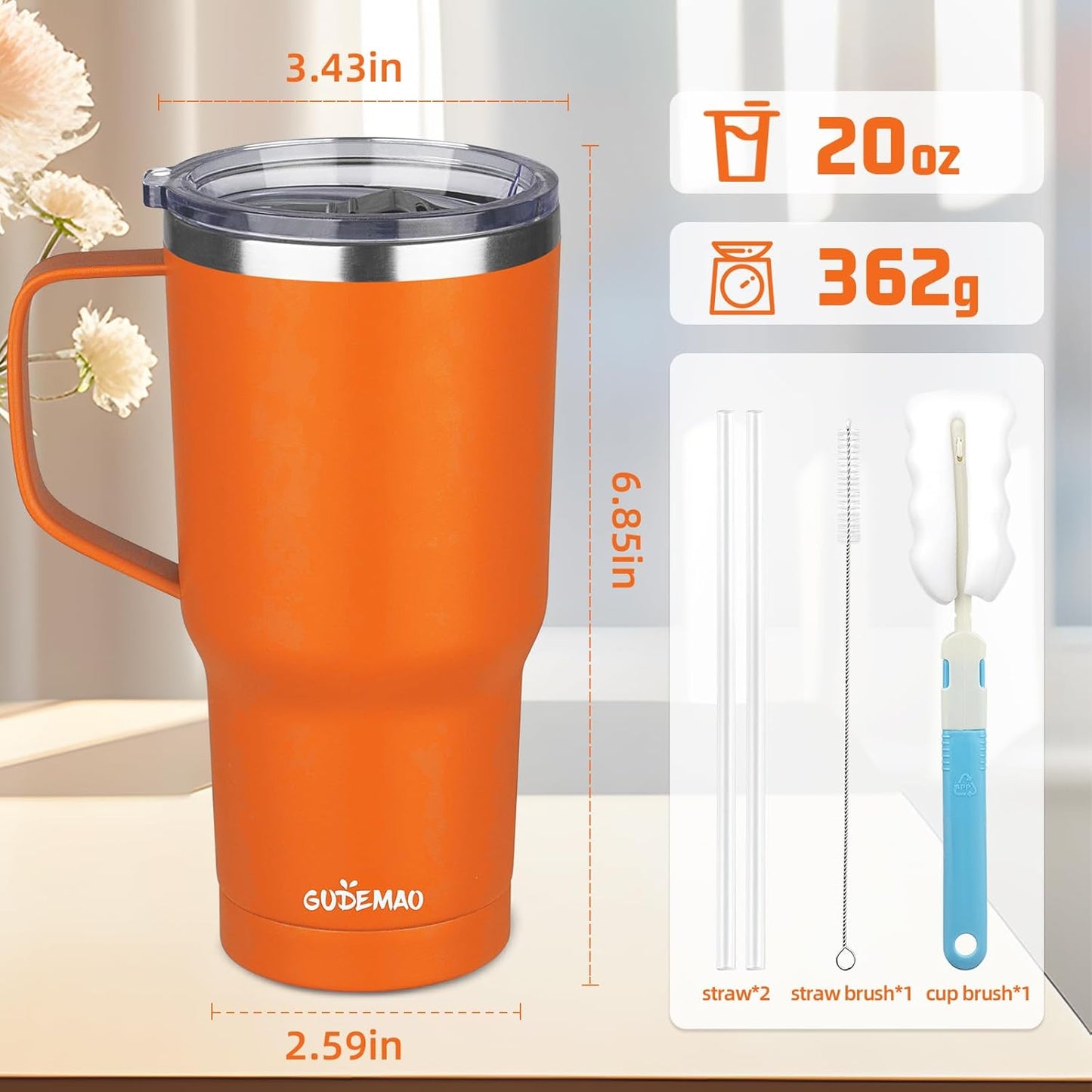 20 oz Insulated Coffee Mug with Ceramic Coating, Stainless Steel Travel Mug Tumbler with Handle Lid and Straw, Double Wall Leak-Proof Coffee Travel Mug Keeps Drink Hot and Cold (Black)