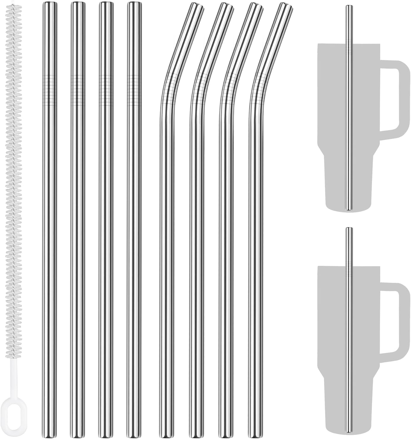 Tomorotec 8PCS 12" Stainless Steel Straws 4 Bent & 4 Straight Fit for 40oz Stanley Tumblers, Reusable Food-Grade Drinking Straws with Brush for Smoothies, Milkshakes, Iced Coffee, Dishwasher Safe