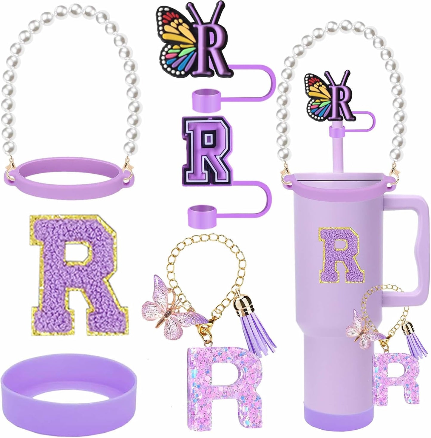 7pcs Cup Accessories for Stanley 30/40oz Tumbler, Handle Strap, Straw Cover, Silicone Boot, Letter Charm Stickers