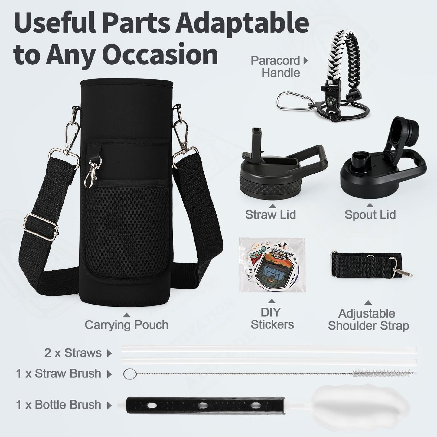 WixByti 40 oz Insulated Water Bottle with Straw (Cold for 36 Hrs), Stainless Steel Triple Wall Vacuum Sports Water Jug, Leakproof Hydro Cup Flask with Paracord Handle & Straw Spout Lids & DIY Stickers