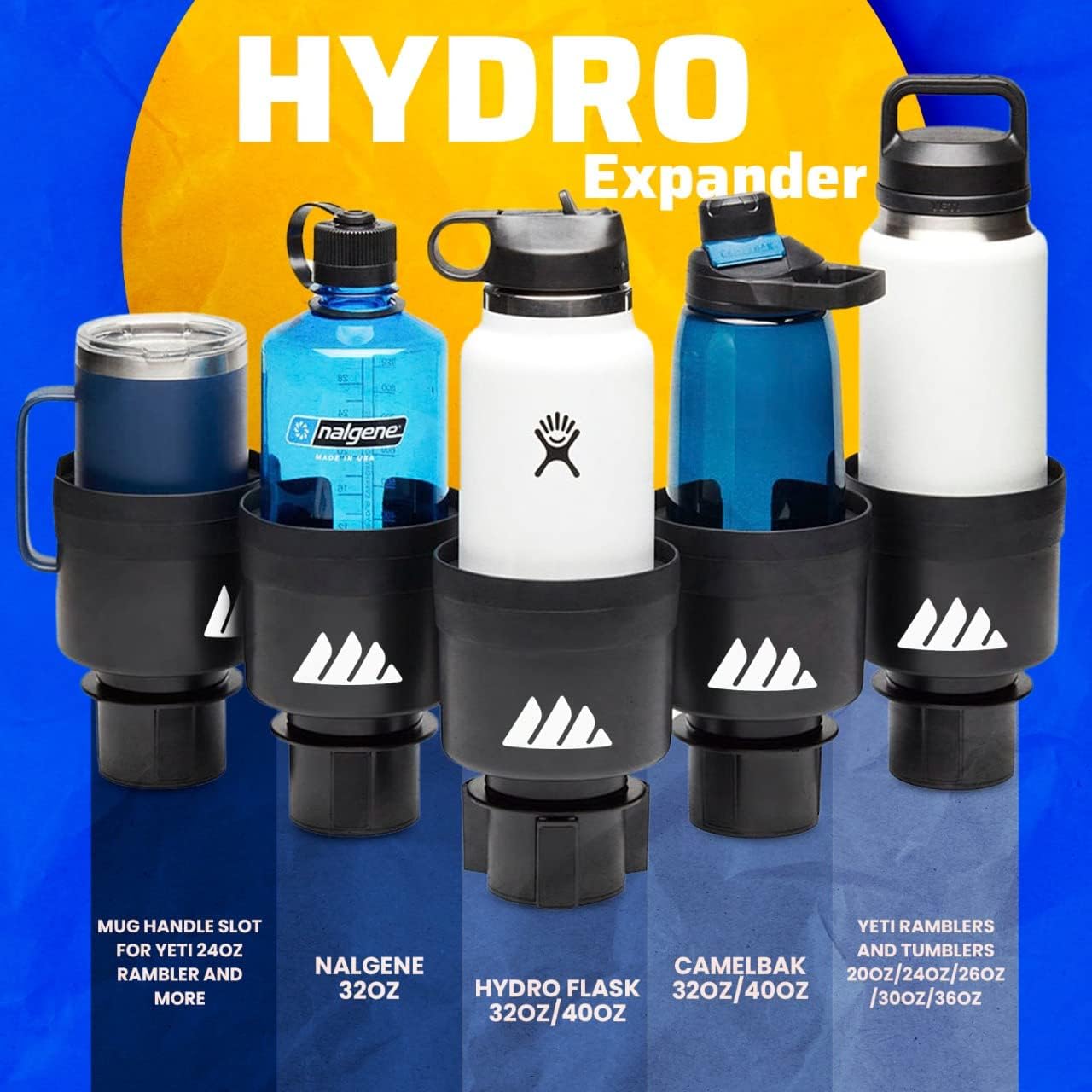 Integral Hydro Expander - Car Cup Holder Expander Organizer with Adjustable Base - Rubber Tabs Hold Most 32-40 oz Bottles and Large Cups