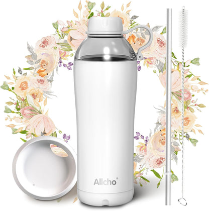 Allcho Insulated Water Bottle for Women, 18oz Stainless Steel Leak Proof Tumbler with 2 Lids, BPA-Free Tritan Chug & Straw Lid, Double Wall Vacuum Flask
