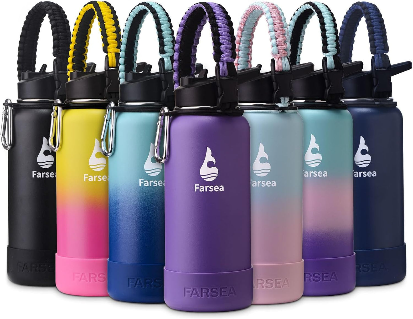 Farsea Insulated Water Bottle With Paracord Handle, Protective Silicone Boot and 2 Lids (Straw Lid & Spout Lid), Stainless Steel Water Bottle Wide Mouth, Double Wall Sweat-Proof BPA-Free, 24 oz