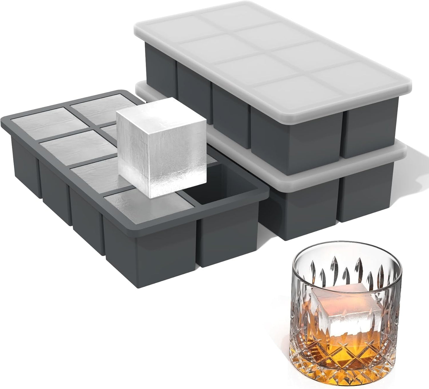 Bangp Large Ice Cube Tray for Whiskey,2 Pack Stackable Big Ice Cube Molds Make 16 Big Whiskey Ice Cubes,Easy Release Square Ice Cube Maker for Cocktails,Whiskey,Soups and Frozen Treats