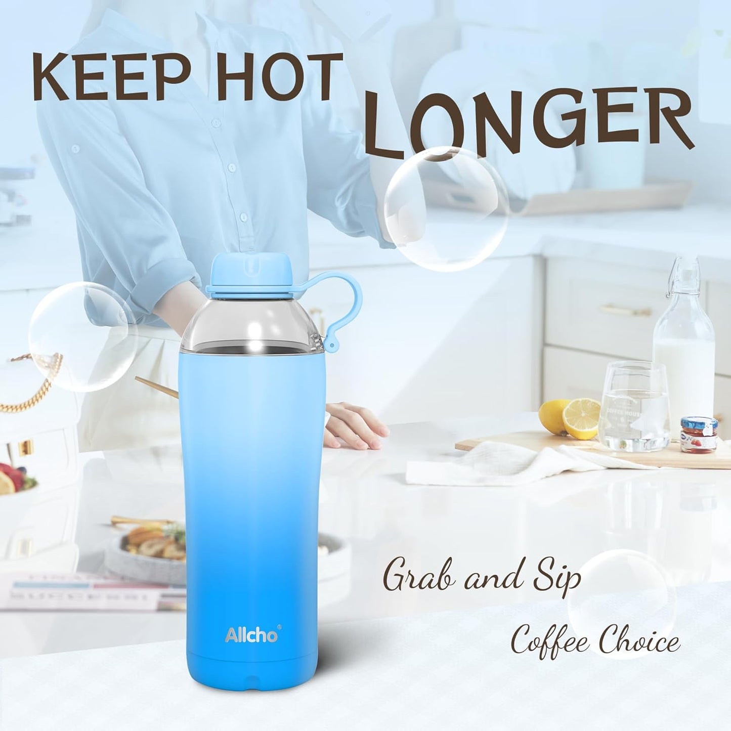 Allcho Insulated Water Bottle for Women, 18oz Stainless Steel Leak Proof Tumbler with 2 Lids, BPA-Free Tritan Chug & Straw Lid, Double Wall Vacuum Flask