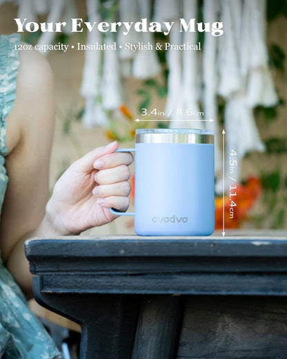 12oz Insulated Coffee Mug with Lid – Includes Two Lids, Stainless Steel Coffee Travel Mug with Handle, Double Wall Vacuum Insulated Camping Mug for Home, Office & Outdoor, Navy Blue