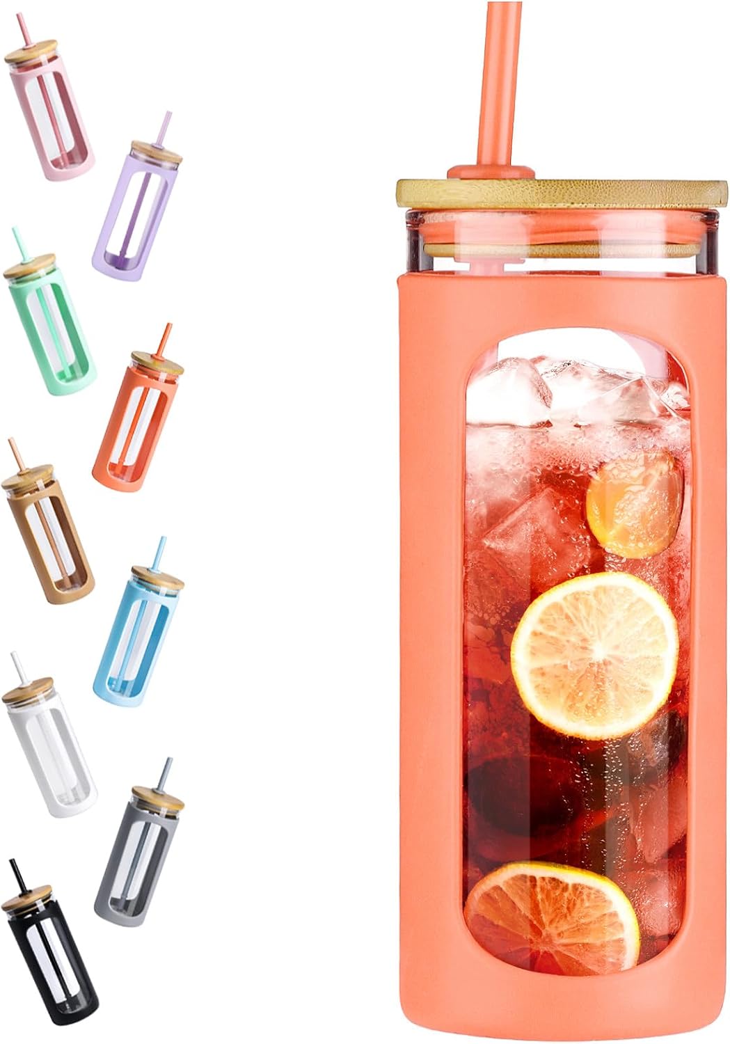 Kodrine 20oz Glass Water Tumbler with Straw and Lid, Bamboo Lids Water Bottle, Iced Coffee Cup Reusable, Wide Mouth Smoothie Cups with Protective Silicone Sleeve BPA FREE-Black - Colors B