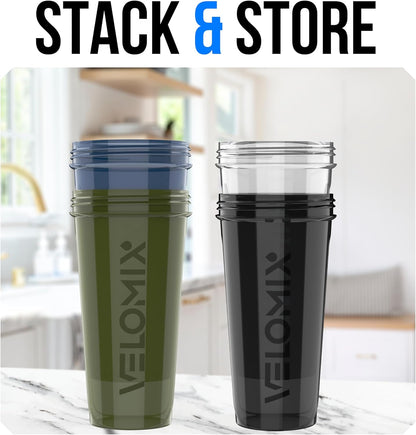VELOMIX -4 Pack- 28 oz Protein Shaker Bottles for Protein Mixes - 4x Wire Whisk | Leak Proof Shaker Cups for Protein Shakes | Stackable Protein Shaker Bottle Pack (A1) Silver Aurora
