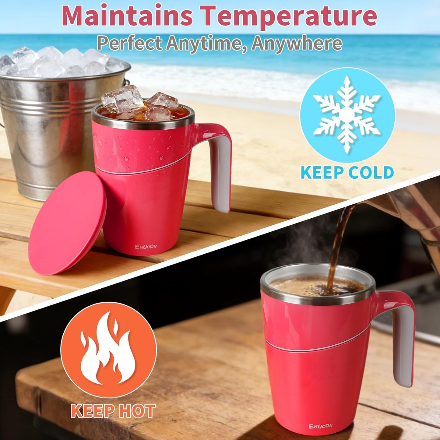 Anti-Impact No-Tip Desk Mug, 470ml / 15.9oz Stainless Steel Vacuum Insulated Mug with Handle, Smart Suction Base, Non-Slip & Knock Proof, Helps Prevent Desk Spills for Coffee, Tea, Kids & Pets (Black)