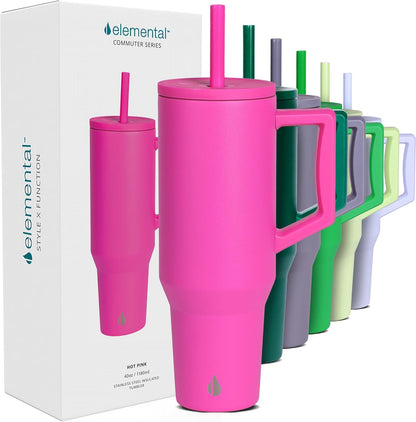 Elemental 32 oz 100% Leak Proof Tumbler with Handle & Straw - Stainless Steel Double Wall Insulated Tumbler for Hot and Cold Beverages - Travel Coffee Mug with Sip & Straw Lid - White - Colors A