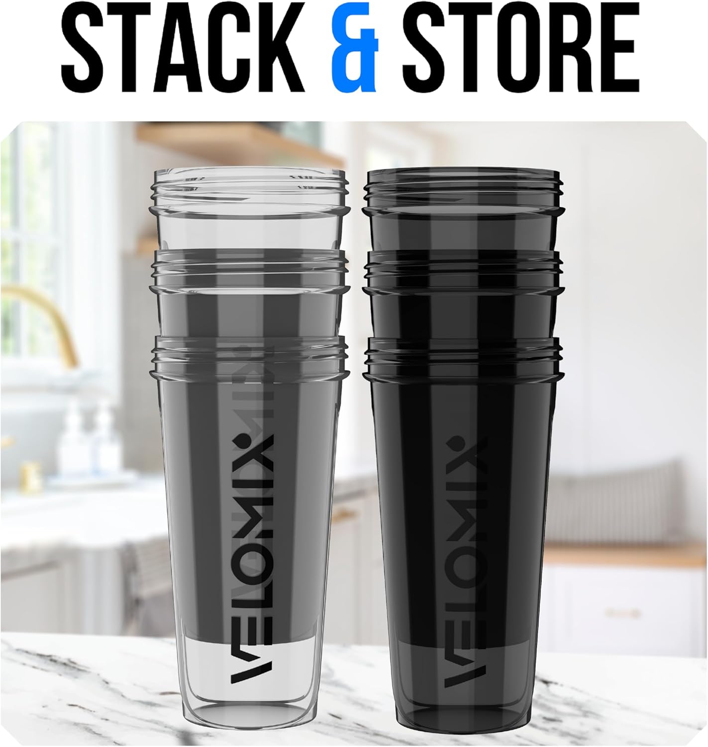 VELOMIX -6 PACK- 28 oz Protein Shaker Bottle for Protein Mixes -6x Wire Whisk | Leak Proof Shaker Cups for Protein Shakes | Large, Stackable Protein Shaker Bottle Pack
