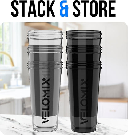 VELOMIX -6 PACK- 28 oz Protein Shaker Bottle for Protein Mixes -6x Wire Whisk | Leak Proof Shaker Cups for Protein Shakes | Large, Stackable Protein Shaker Bottle Pack