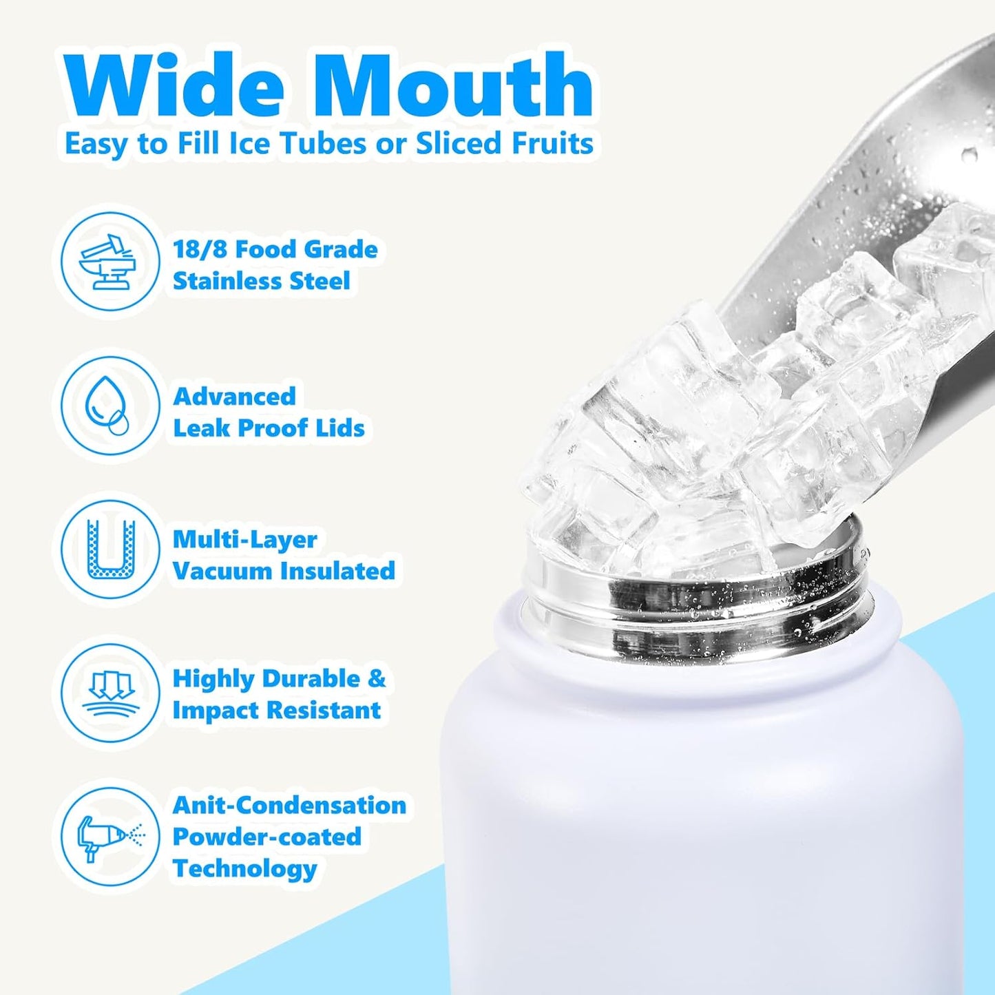 Insulated Water Bottle with Lid & Boot & Stickers, 24 oz Stainless Steel Sweat Free Bottle Keep Cold 24H, BPA-Free Sports Wide Mouth Water Bottle, BlueBlack