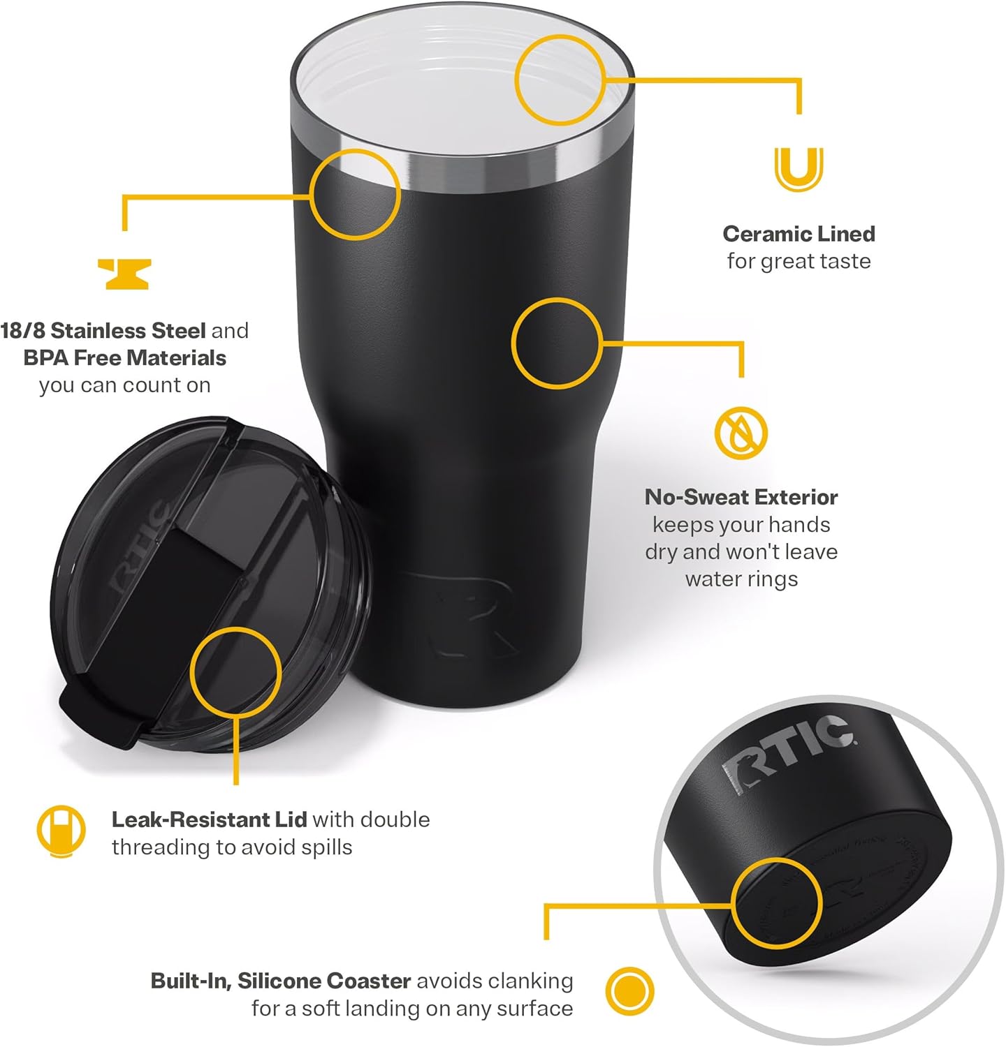 RTIC 20oz Essential Tumbler with Lid, Ceramic Lined, Insulated, Stainless Steel, Metal, Double Wall Vacuum-Insulation, Travel Cup for Iced Coffee, Tea, Hot and Cold Drink, Graphite