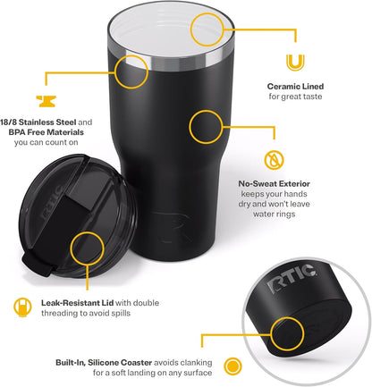 RTIC 20oz Essential Tumbler with Lid, Ceramic Lined, Insulated, Stainless Steel, Metal, Double Wall Vacuum-Insulation, Travel Cup for Iced Coffee, Tea, Hot and Cold Drink, Graphite