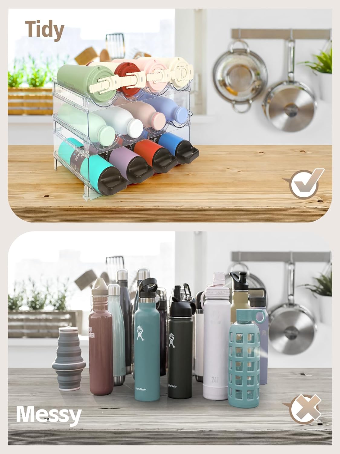 Stackable Water Bottle Organizer, 4-Tier Clear Large Compartment Holder with Stable One-Piece Side-Panel Design, Prevents Tipping & Rolling for Cabinet & Kitchen Storage, Holds 16 Bottles