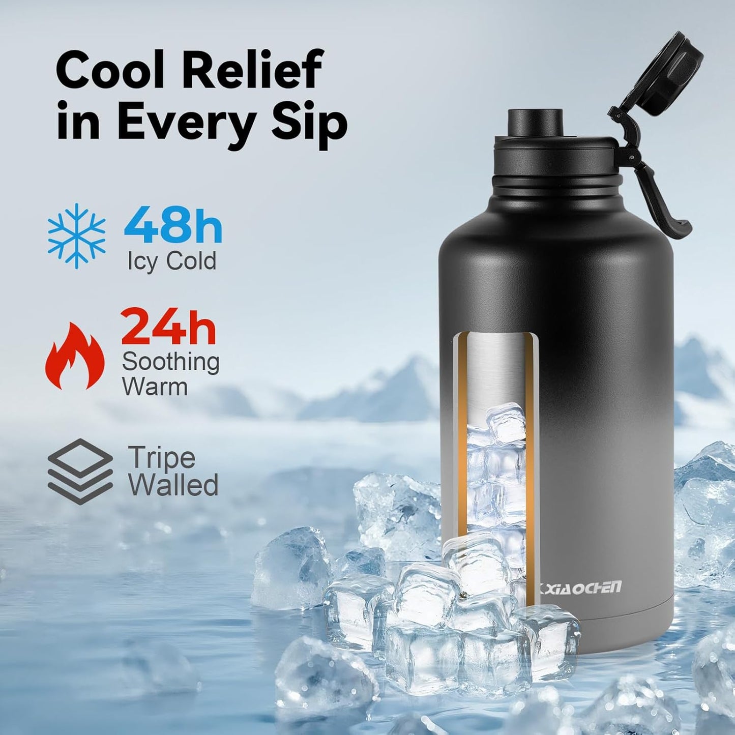KXIAOCHEN Insulated Water Bottle With Strap, Cold For 48 Hrs Leak Proof, Triple Wall Stainless Steel Sports Water Bottle With Straw And Spout Lid For Gym Hiking Travel